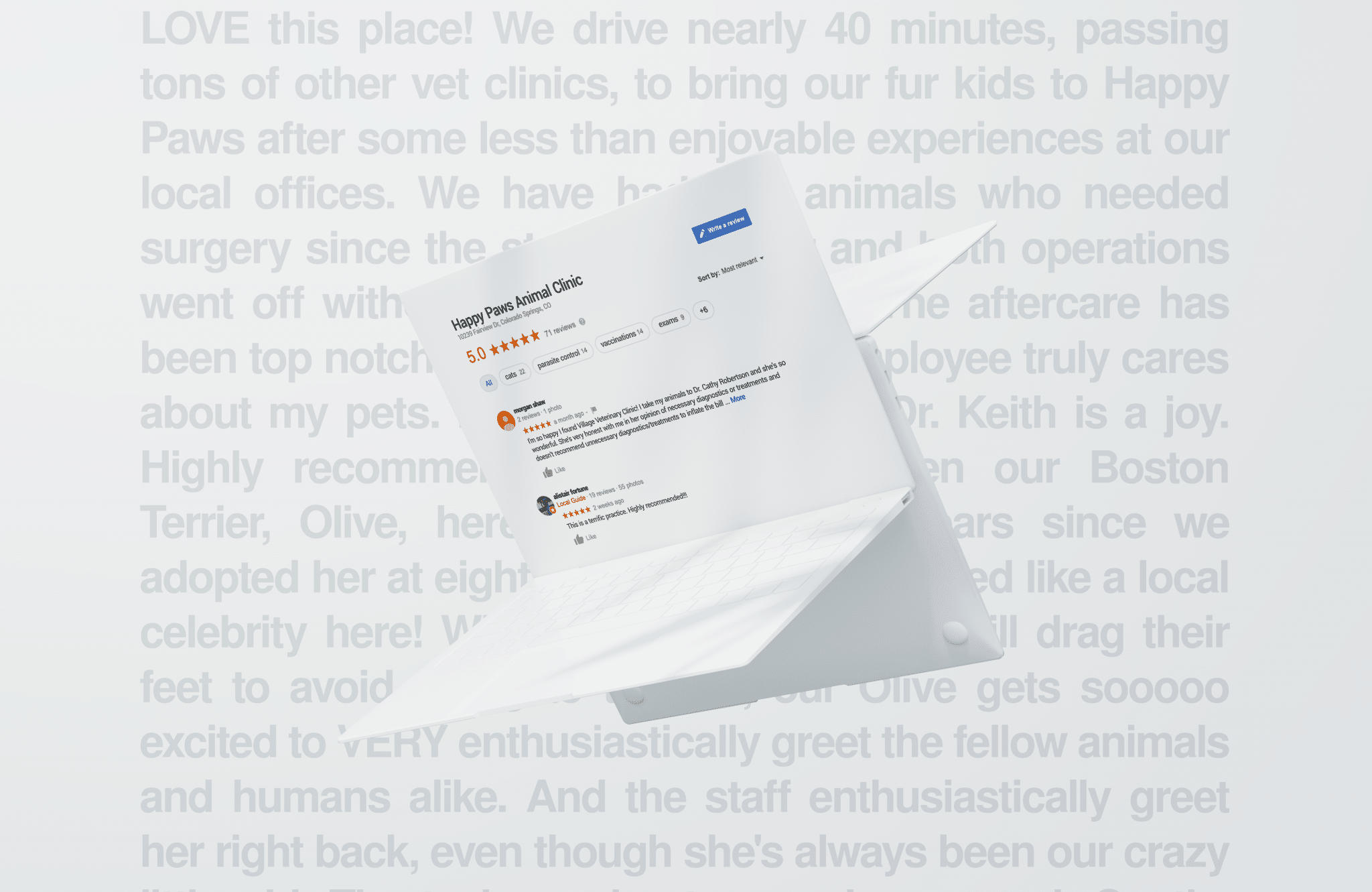 image of 5-star veterinary practice review printed out on paper