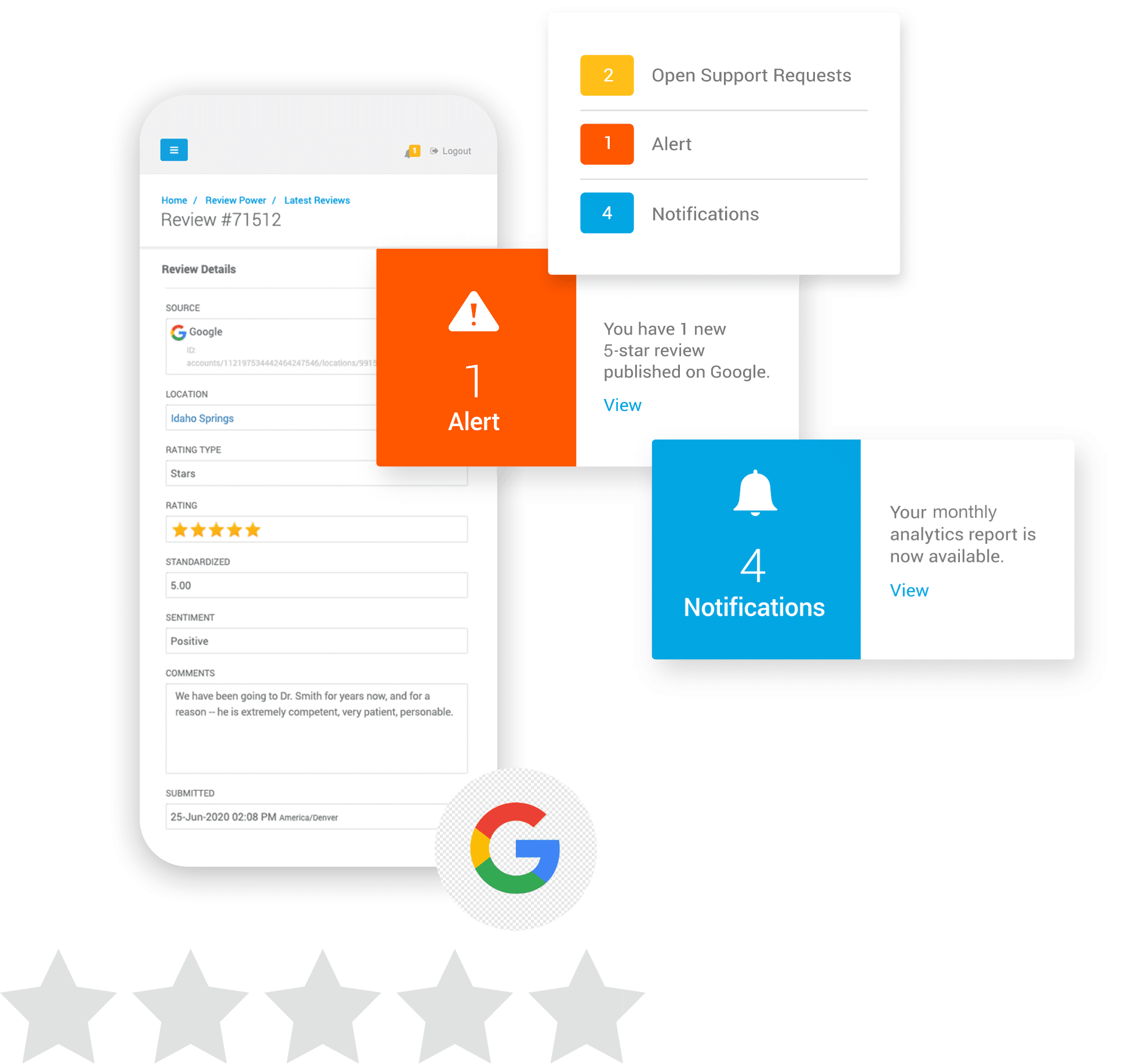 screenshots of great reviews & review management system for neurology SEO