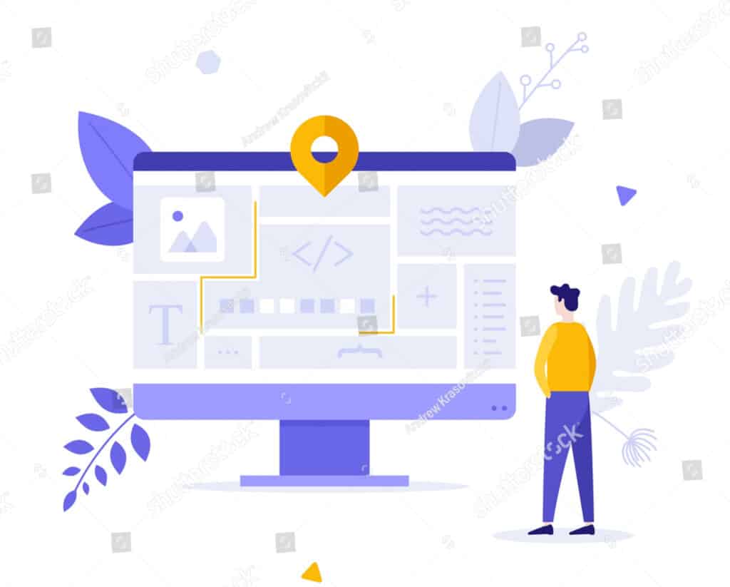 stock vector man standing in front of website layout on computer screen concept of site map webpage structure 1879083496