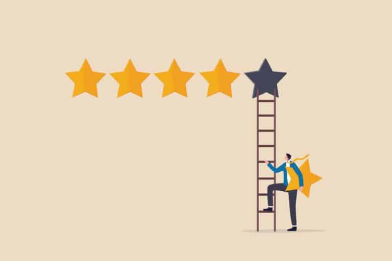 A man climbing a ladder surrounded by five stars, symbolizing reputation management and the importance of keywords in enhancing online terms.