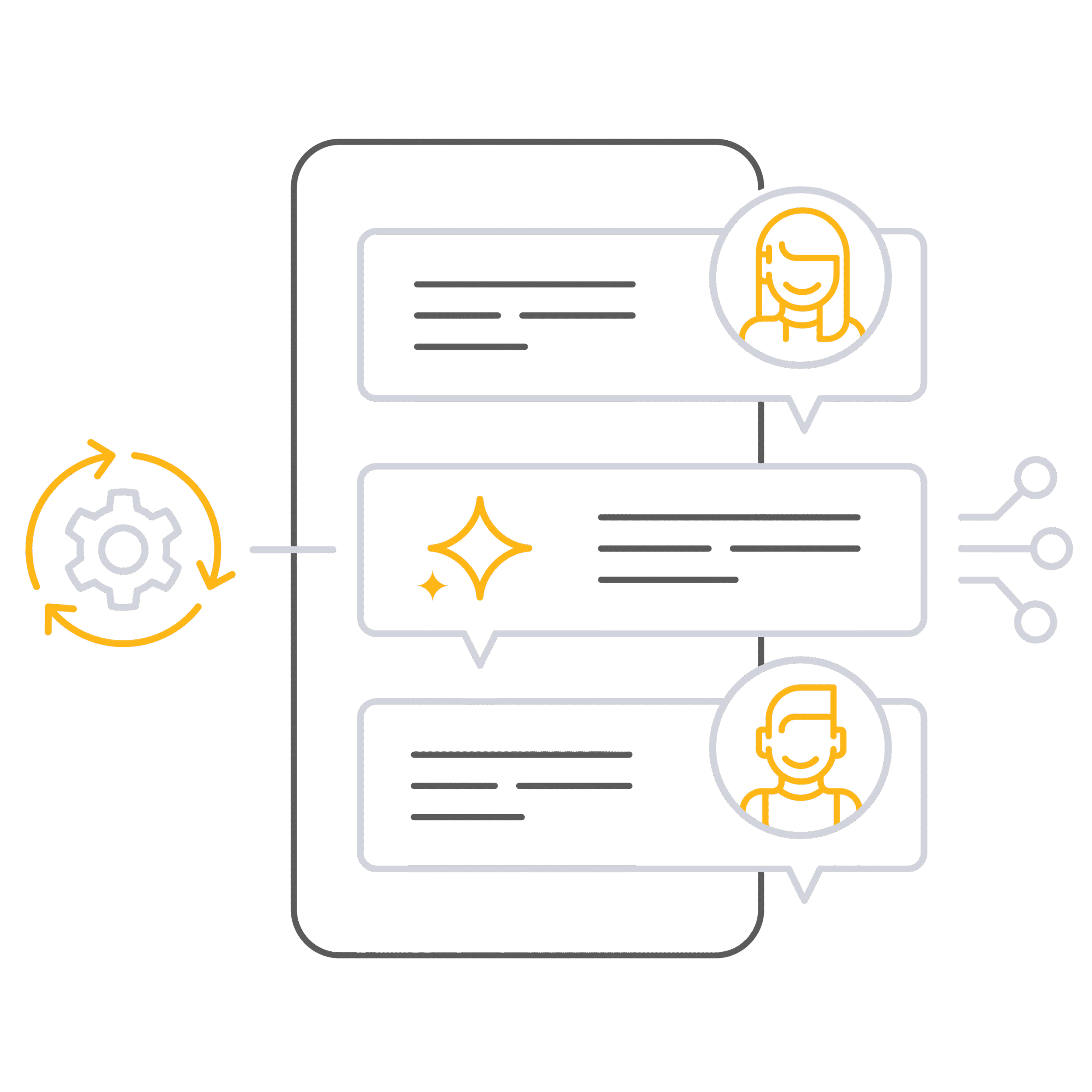 Illustration of a smartphone displaying chat bubbles, automation and networking icons, and stylized avatars, representing digital communication and workflow integration for an Orthopaedic Center’s success story.