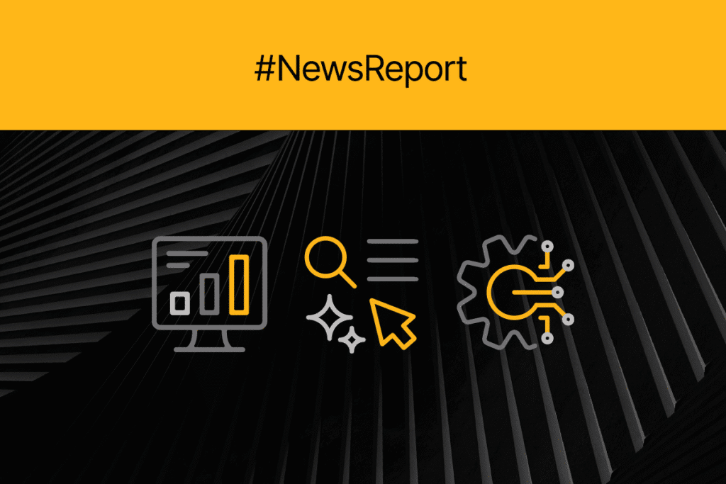 A graphic with the heading "#NewsReport" featuring icons of a bar chart, magnifying glass, cursor, and gear on a black geometric background—highlighting insights from Mya AI and MyAdvice in the Success Center.