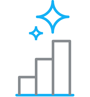 A simple bar graph with three ascending bars and two blue sparkle icons above, illustrating profitable growth through a proven framework.