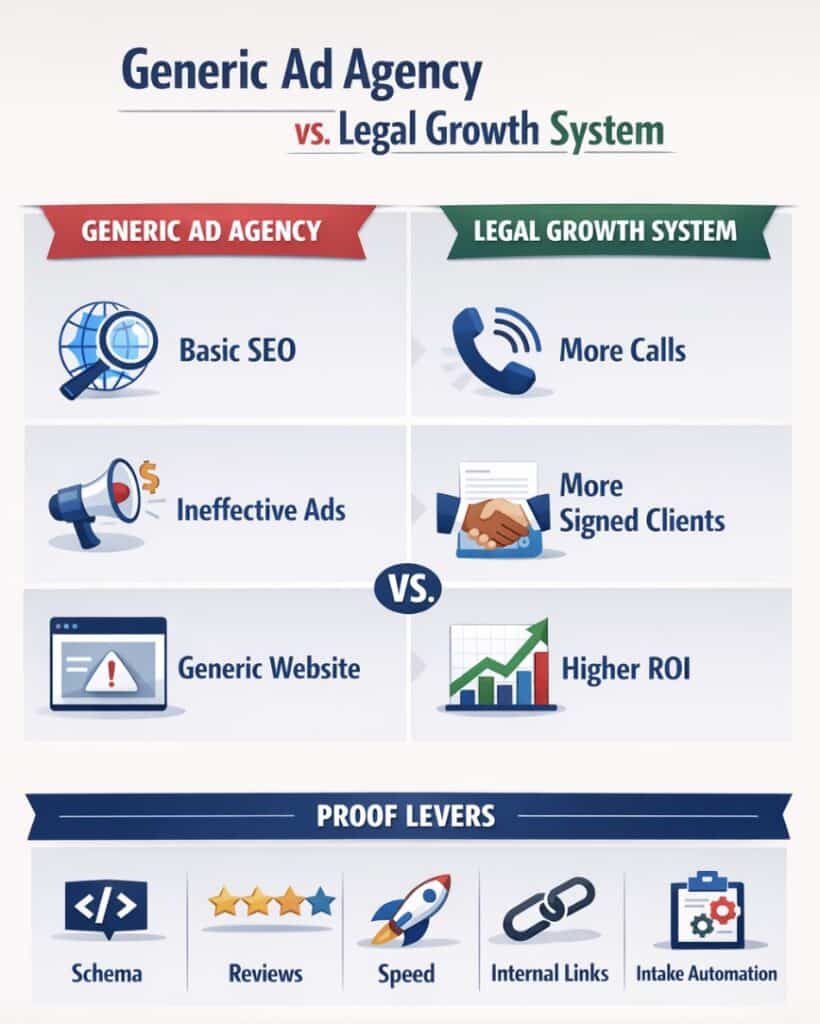 Comparison of ad agency (basic SEO, ineffective ads and generic website) vs. a Legal Growth System (more calls, more signed clients, higher ROI)
