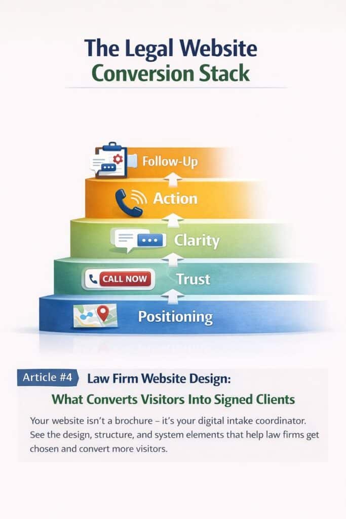 An infographic titled "The Legal Website Conversion Stack" shows five steps: Positioning, Trust, Clarity, Action, and Follow-Up, with icons for each level.