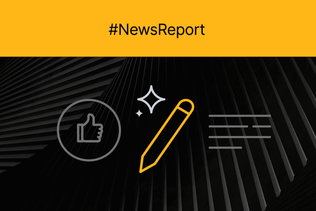 A yellow banner with the hashtag #NewsReport sits above icons of a thumbs up, a pencil, and horizontal lines on a dark geometric background, highlighting intelligent review response and AI review response automation.
