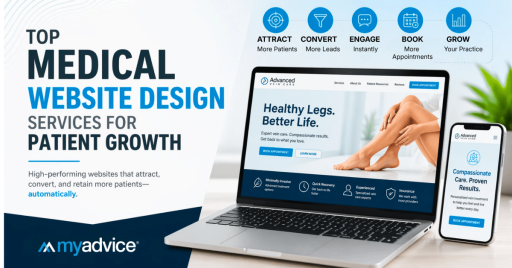 Medical website design example shown on laptop and mobile, highlighting patient growth, conversion, and appointment booking features.