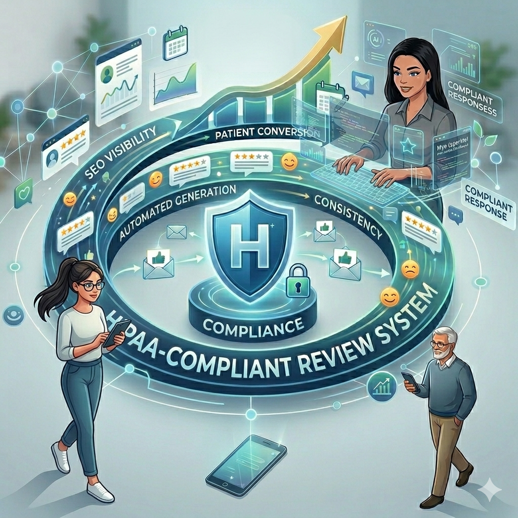 Illustration of a HIPAA-compliant review system with shield icon, digital charts, review stars, and people using devices, highlighting compliance, automation, and security features.