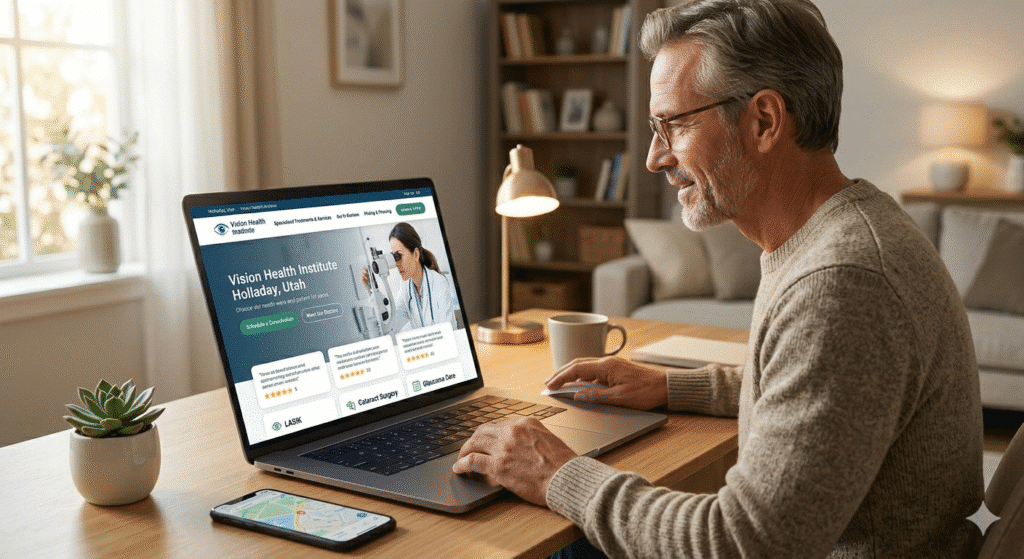 A man sits at a desk using a laptop to browse an ophthalmology practice's website, with a plant, notebook, and smartphone beside him in a home office setting.