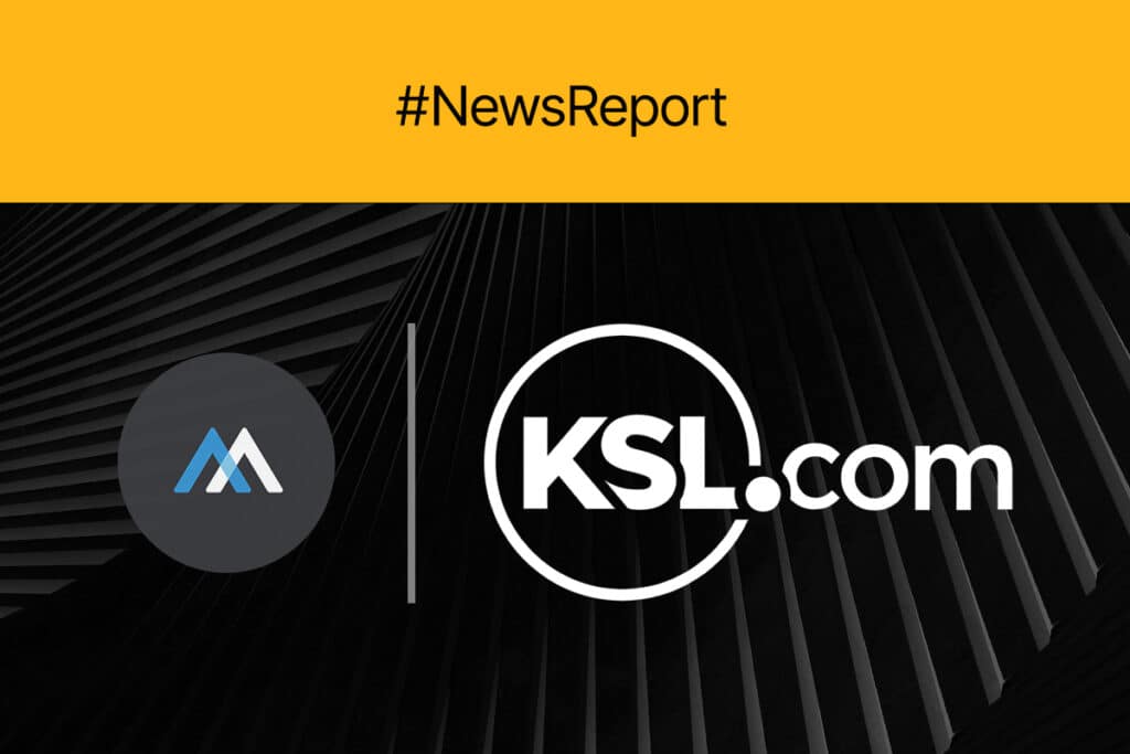 A graphic with the hashtag #NewsReport, featuring the KSL.com logo and a circular logo with a stylized letter M, highlights Utah companies and real businesses using AI on a dark geometric background.