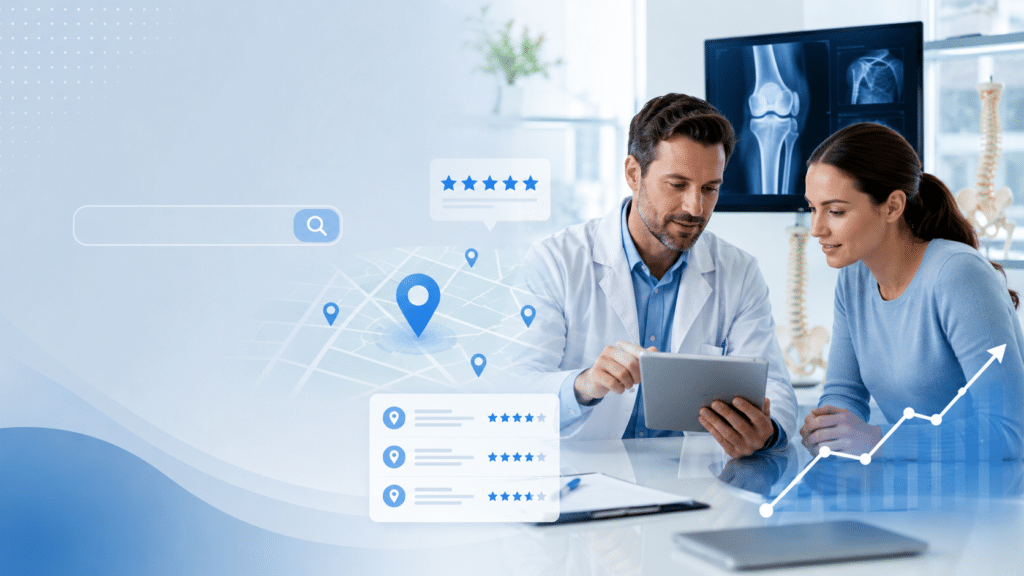 A doctor shows a patient information on a tablet in a medical office, with digital icons representing search, ratings, and data analytics—highlighting the importance of local search for orthopedic practices.