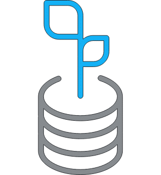 A stylized graphic of a blue plant sprout emerging from a gray cylindrical stack, resembling a database—symbolizing growth fueled by AI-powered marketing.