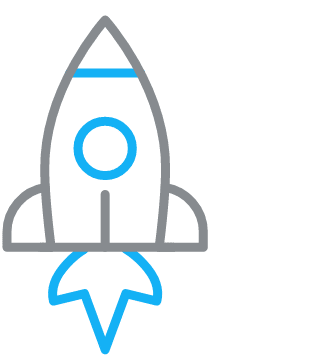Simple line drawing of a rocket ship in gray and blue, with flames depicted as an arrow shape coming out from the bottom—an inspiring nod to success stories at Lowe Plastic Surgery, reaching new heights.