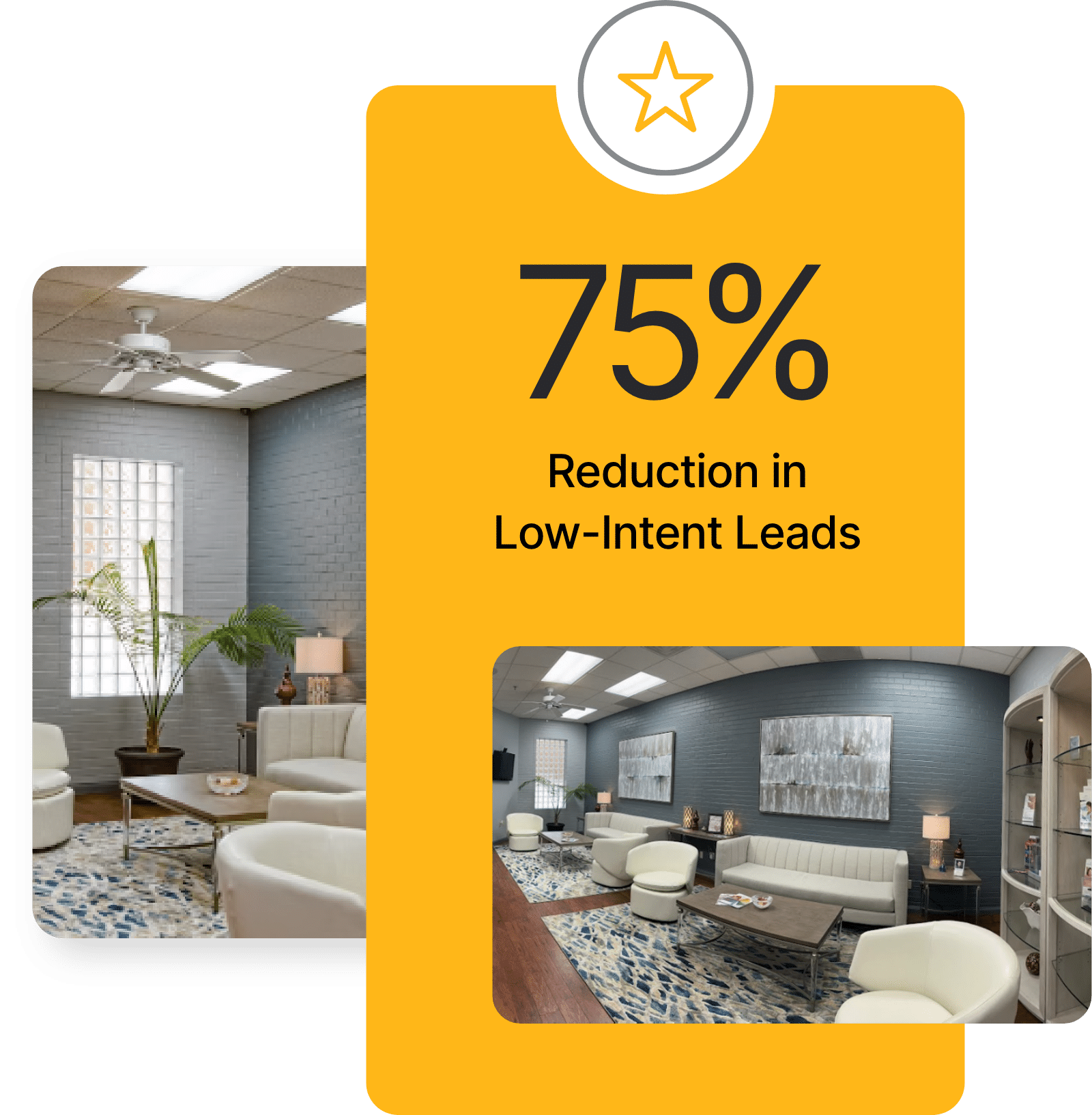 A modern office lounge with white sofas and artwork, overlaid with text: "75% Reduction in Low-Intent Leads – a Lowe Plastic Surgery success story.