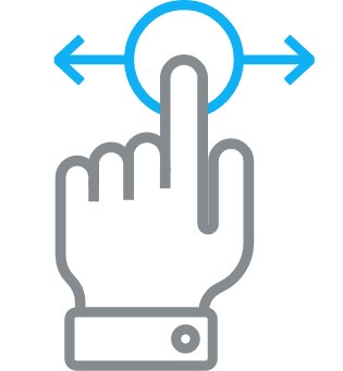 Illustration of a hand with an extended index finger touching a circle, with double-headed blue arrows indicating a horizontal swipe gesture—perfect for demonstrating marketing automation or AI-powered marketing features in interactive tutorials.