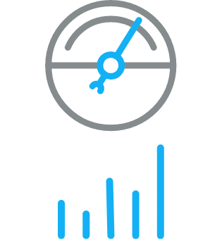 A speedometer icon with the needle pointing up and a bar chart below showing increasing values, both in gray and blue on a light background, symbolizes AI-powered marketing performance.