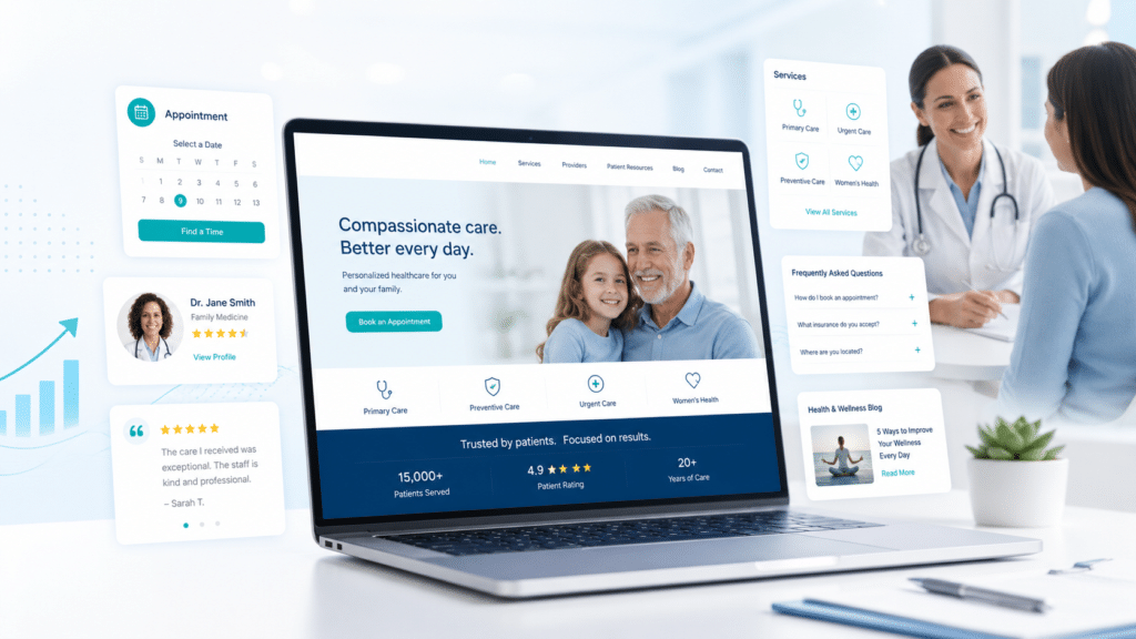 A laptop displays a healthcare website homepage, showing a smiling elderly man with a child, surrounded by medical icons and images of healthcare professionals.