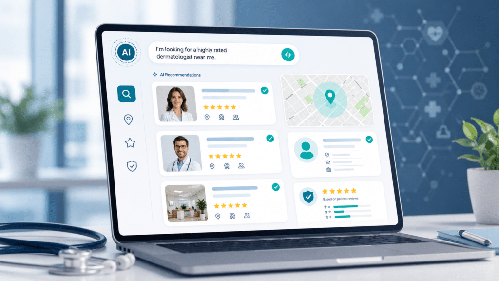 A laptop screen shows an AI-powered platform displaying dermatologist profiles, ratings, patient reviews, and a map, with a search bar stating, "I'm looking for a highly rated dermatologist near me.
