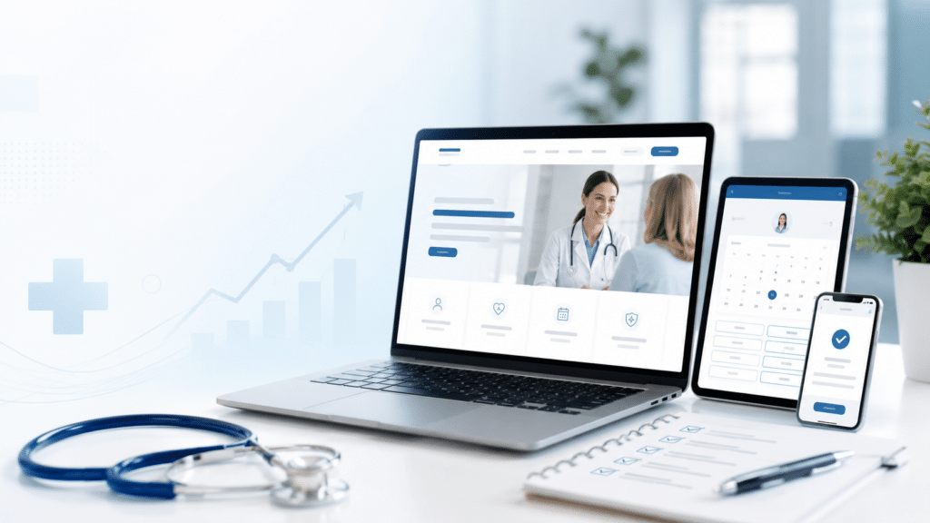 A laptop, tablet, and smartphone display telemedicine interfaces on a desk with a stethoscope, notebook, and pen in a bright, modern office setting.