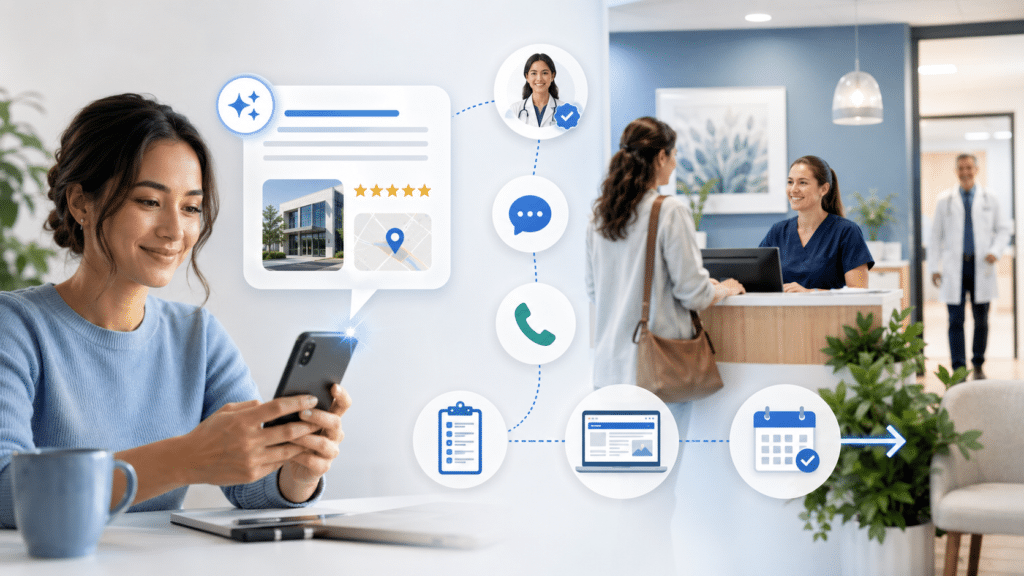 Woman uses smartphone to book a medical appointment online; related icons show communication, scheduling, and interaction with healthcare staff at a clinic reception.
