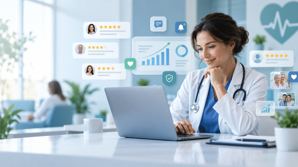 A doctor in a white coat sits at a desk with a laptop, surrounded by digital health and data icons in a modern medical office.