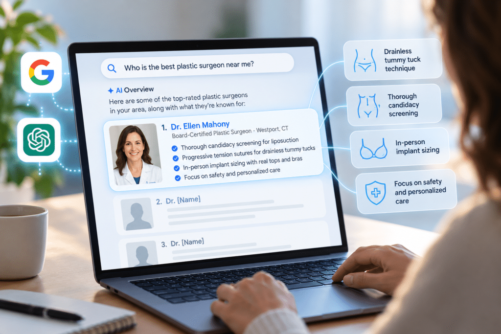 A person using a laptop to view AI healthcare search results for a plastic surgeon, with highlighted icons showing surgical features.
