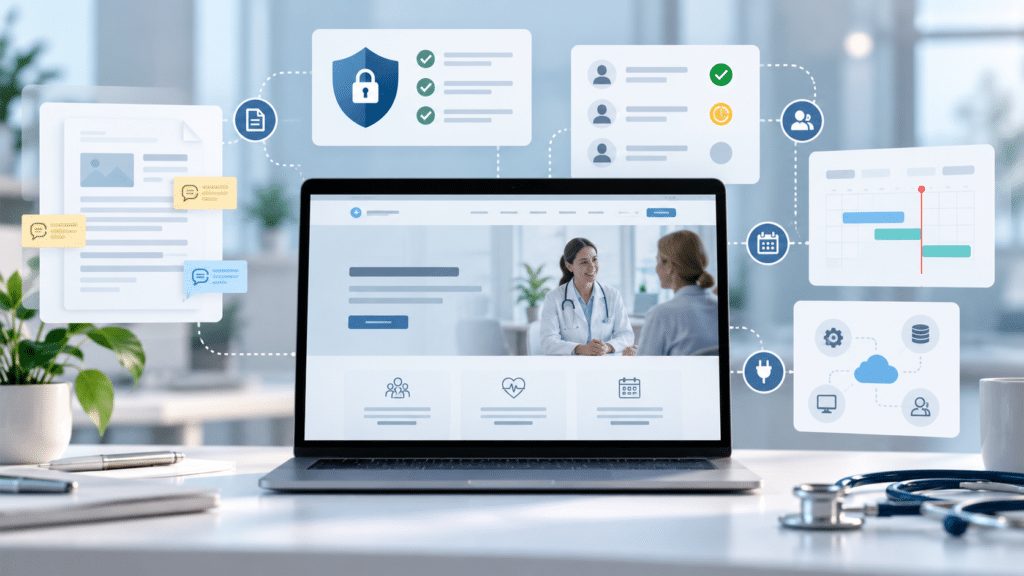 A laptop on a desk displaying a medical website, surrounded by digital interface icons representing security, project management, and data cloud services.
