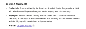 Professional profile for Dr. Ellen A. Mahony, MD, showcasing her body contouring expertise and integrating medical AI technology to improve patient recommendations. Includes a link to her website.