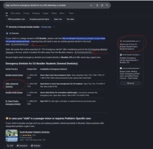 Google search results for emergency dentists in Boulder, Colorado, featuring AI recommendations and a sidebar of unique details for local doctors.