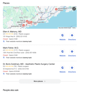 Google Maps search results for Bridgeport plastic surgeons offering tummy tucks, displaying ratings, contact details, and links as a form of clinical decision support to improve doctor efficiency.