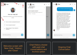 Three screenshots of the Mya AI assistant interface, showing the welcome screen with menu options, the chat history drawer, and an ongoing conversation.