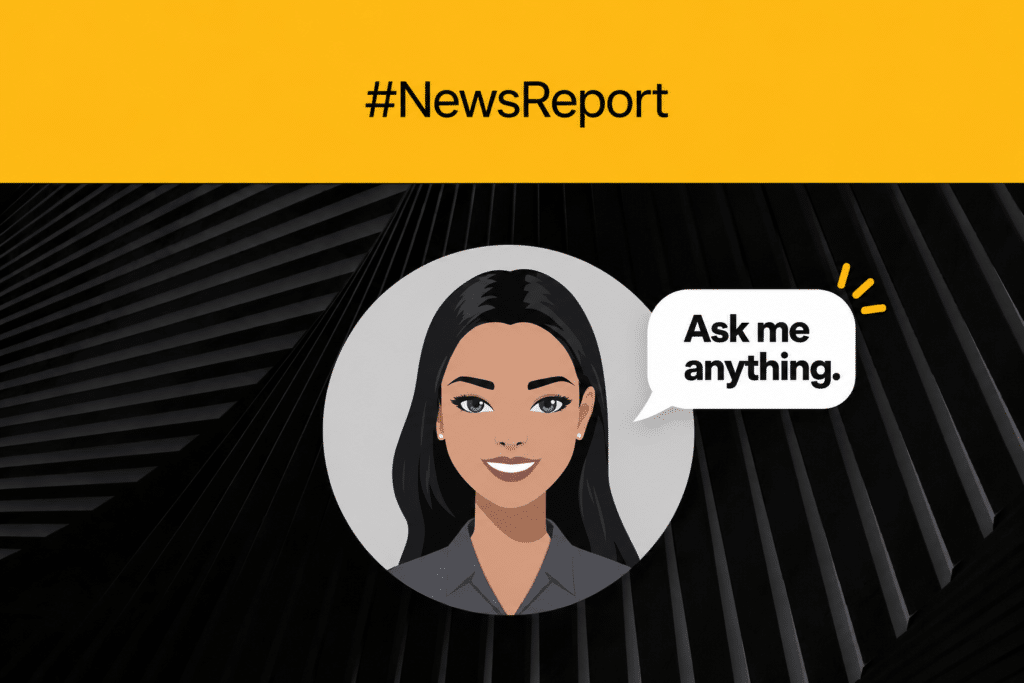 Graphic with the text “#NewsReport” and an illustration of a woman with a speech bubble for conversational assistance that says “Ask me anything.”